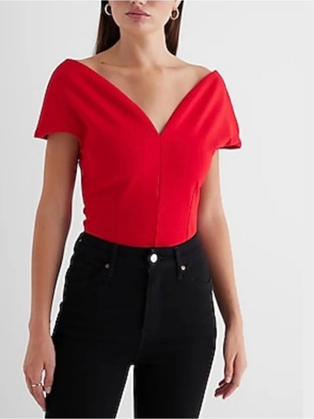 Express Red Off-Shoulder V-Neck Bodysuit Top size Xs